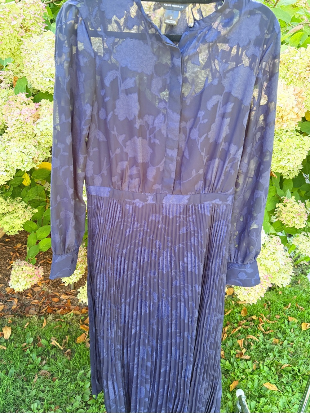 Club Monaco Navy Floral Sheer Pleated Long-Sleeve Midi Dress